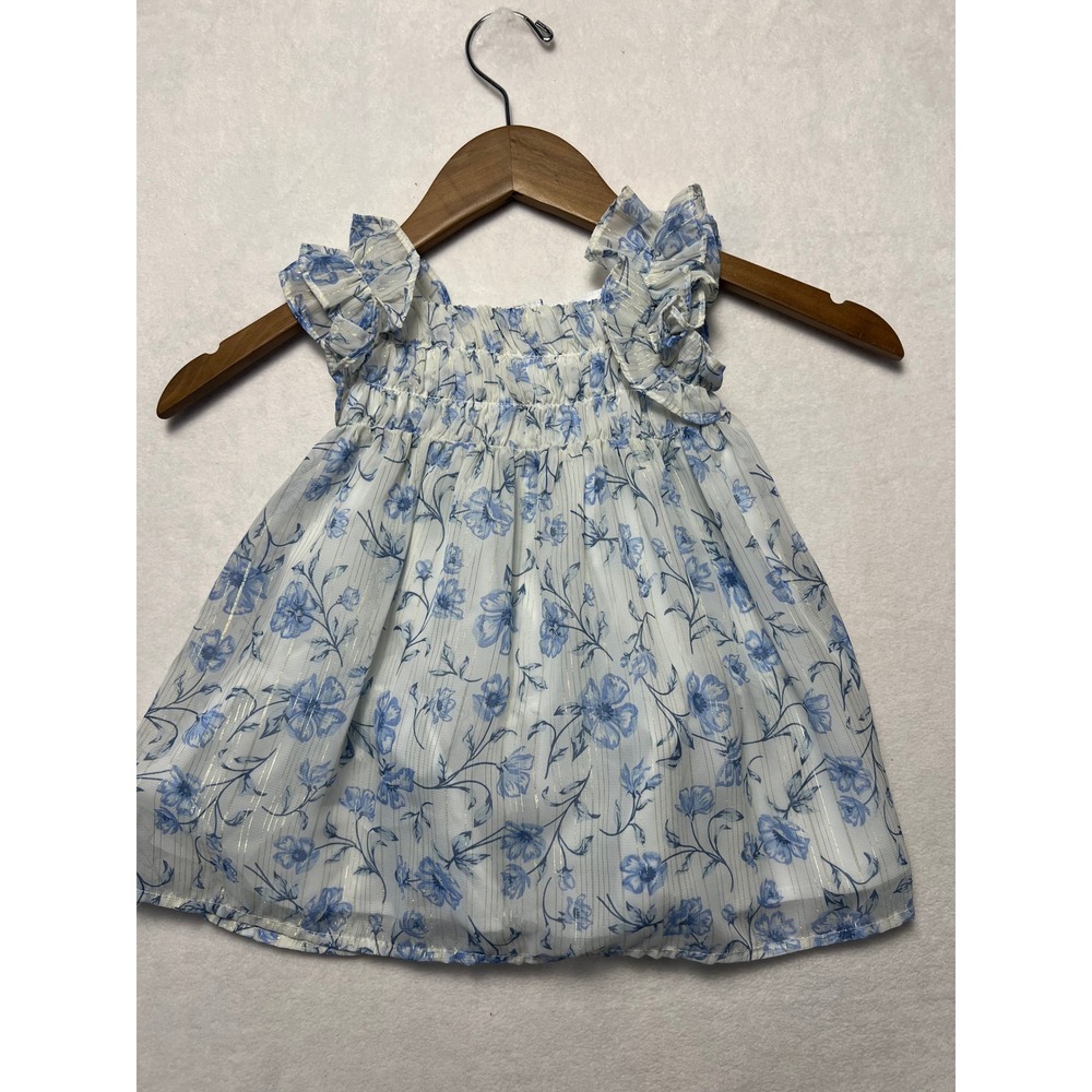 Rachel Zoe 12M Dress Floral Gold Metallic Stripe Ruffle Blue White Smocked